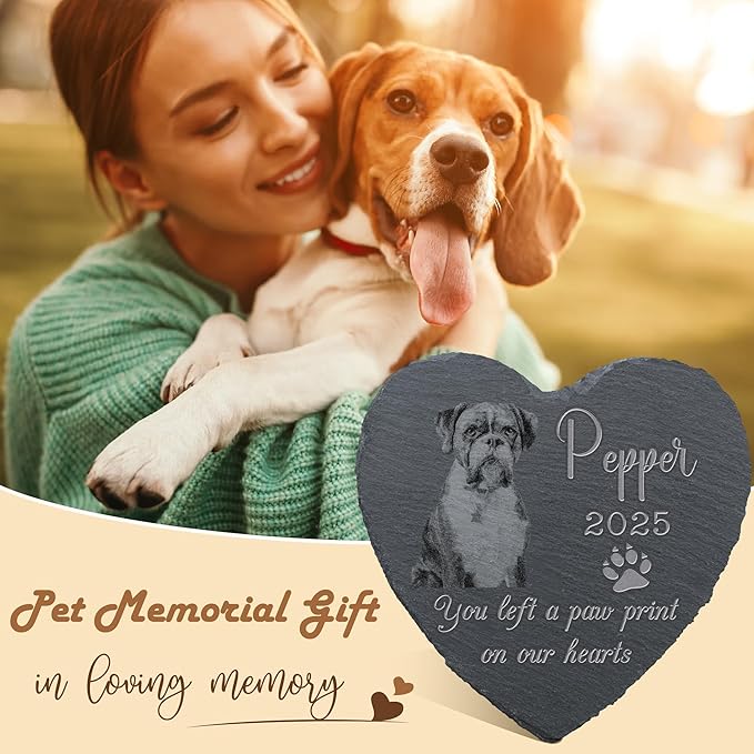 Personalized Pet Memorial Stone, Dog Memorial Gifts, Pet Loss Sympathy Gift, in Memory of Dog Cat - Paw Print（Heart）