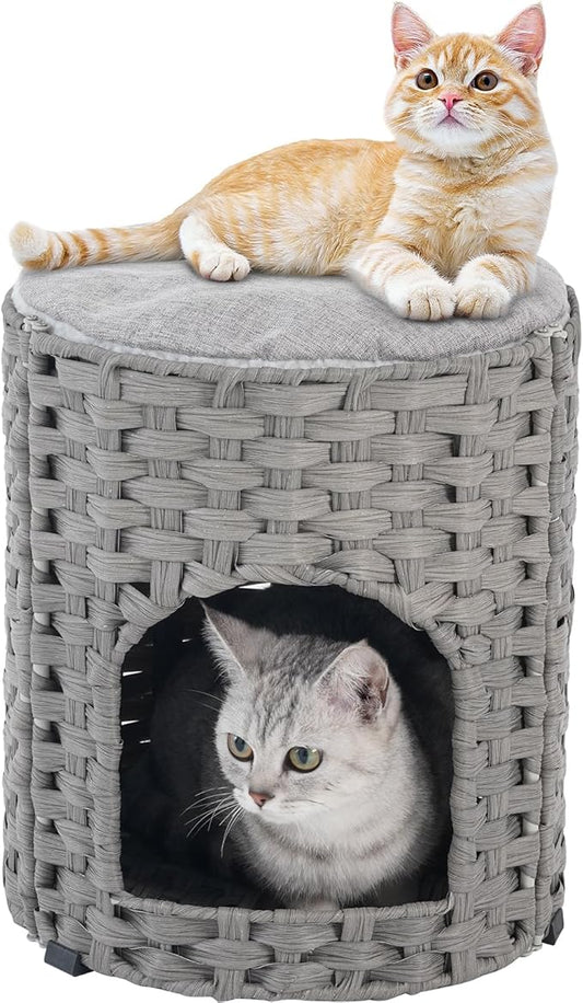 Cat House for Indoor Cat, Small Cat Houses Handwoven PE Rattan Kitten Cave, Pet Kitten Bed Covered, One Bed Pad, 13 x 13 x 13.7 Inches, Foldable Hideaway in Living Room Gray
