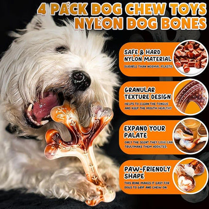 4-Pack Dog Chew Toys for Aggressive Chewers, Indestructible Nylon Bones with Bacon Flavor, Tough Durable Teeth Cleaning Chew Dog Toy for Large Medium Small Breeds