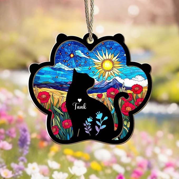 Personalized Pet Memorial Suncatcher – Custom Cat Silhouette with Name & Multiple Background Options, Sympathy Gift for Pet Loss, Pet Memorial Keepsake for Cat Lovers