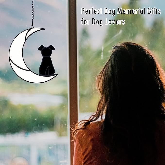 Stained Glass Pet Dog Memorial Gifts for Dog Lovers, Black Dog Decor on White Moon Window Hangings Suncatcher, Loss of Dog Sympathy Gift, Pet Loss Remembrance Gifts in Memory of Dog