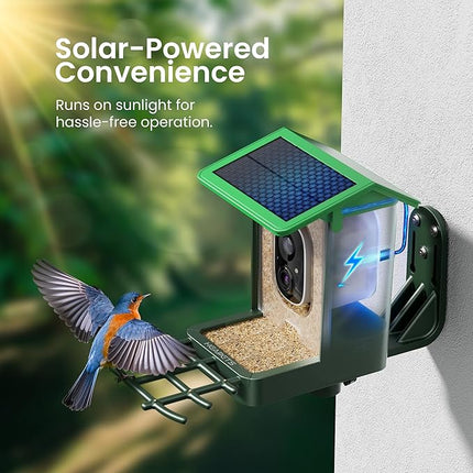 Bird Feeder with Camera Solar Powered 2K HD Video, 10,000+ Species AI Recognition, Real-Time App Alerts, and Weatherproof Design for Effortless Birdwatching, Gift for Bird Lovers, Grass Green