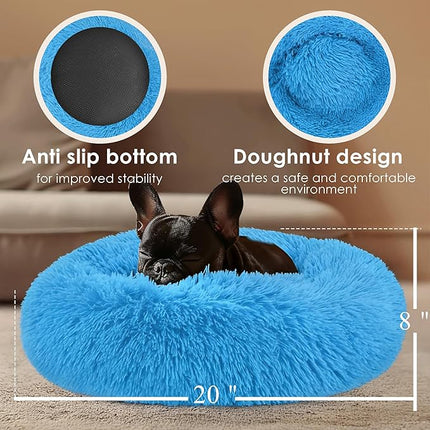Hoewina Dog & Cat Bed, 20in Cat Beds for Indoor Cats, Calming Donut Bed for Puppy and Kitten, Washable Round Fluffy Pet Bed for Small Medium Dogs and Cats (Light Blue)