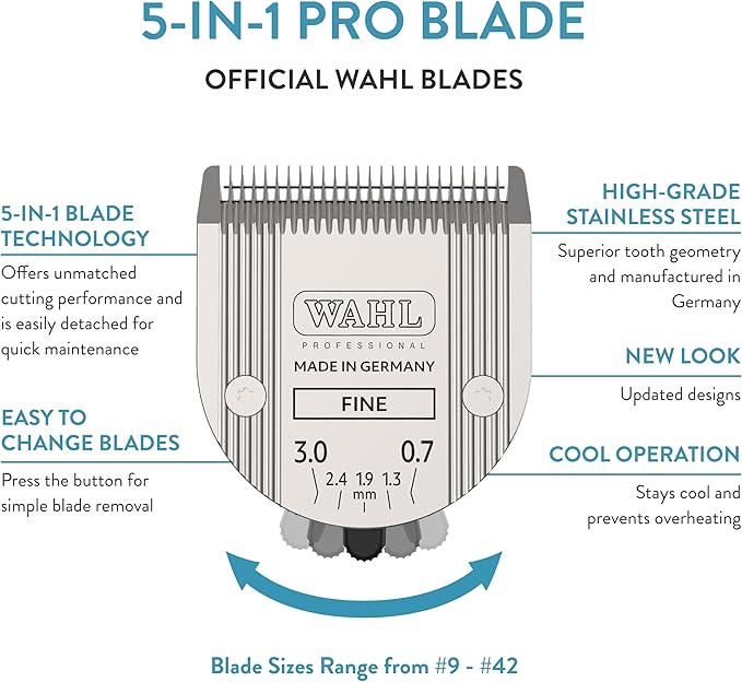 WAHL Professional Animal 5-in-1 Adjustable Blade Arco, Bravura, Chromado, Creativa, Figura, and Motion Pet, Dog, and Horse Clippers - Fine (2179-301)