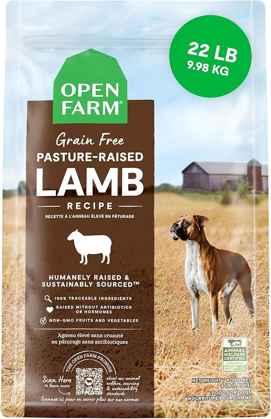 Open Farm, Grain-Free Dry Dog Food, Complete & Balanced Kibble, Sustainably & Ethically Sourced Ingredients, Non-GMO Veggies & Superfoods Support Overall Health, Pasture Raised Lamb Recipe, 22lb Bag