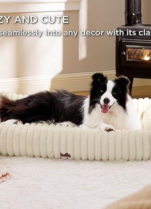 Bedsure Cute Dog Bed for Extra Large Dogs - Washable Furry XL Pet Beds, Rectangle Orthopedic Corduroy Fleece Pet Beds with Removable Zipper Cover, 43x30x8inches, Cream