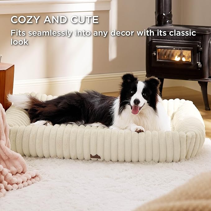 Bedsure Cute Dog Bed for Extra Large Dogs - Washable Furry XL Pet Beds, Rectangle Orthopedic Corduroy Fleece Pet Beds with Removable Zipper Cover, 43x30x8inches, Cream