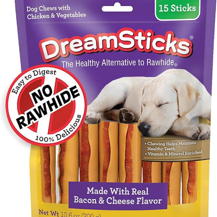 DreamBone DreamSticks with Real Bacon and Cheese Flavor, Rawhide Free Dog Chew Sticks 15 Sticks
