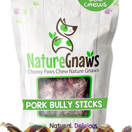 Nature Gnaws Pork Bully Stick Springs for Dogs 7-8" (12 Count) - Long Lasting for Small and Medium Dogs - Natural Bacon Dog Chew Treats - Rawhide Free