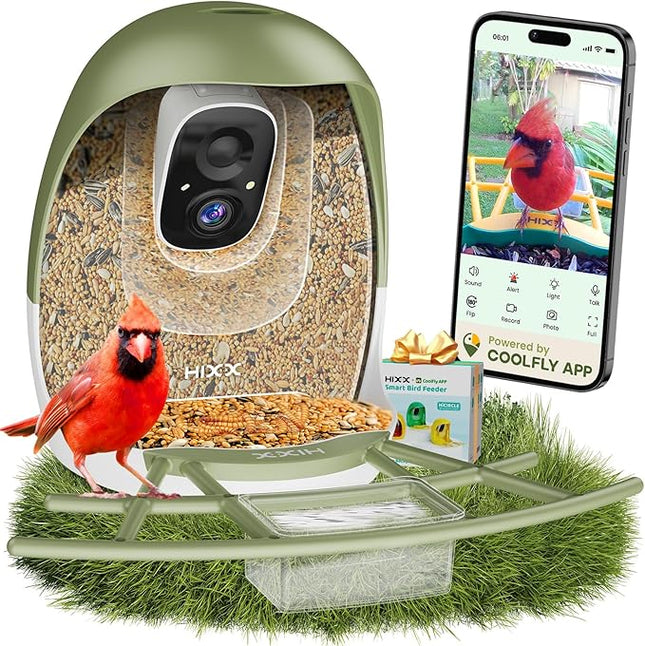 HIXX Smart Bird Feeder with Camera, AI Identify Birds & Auto Capture, 2K HD Live Camera Birdwatching with Color Night Vision for Bird Lovers Gifts (Forest Green)