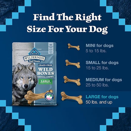 Blue Buffalo Wilderness Trail Treats Wild Bones Large Dental Chews, Grain-Free Dog Bones for Large Dogs Made with Natural Ingredients, 10-oz Bag
