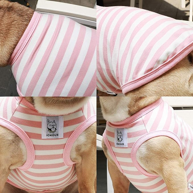 iChoue French Bulldog 100% Breathable Cotton Striped T Shirts Halloween Vest Clothes for Small Dogs Tank Tops Puppy Frenchie Pug English Boston Terrier Pitbull Pink White Stripes - Medium