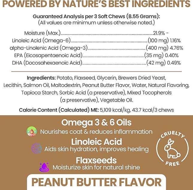Omega for Dogs - 180 Delicious Soft Chews - Salmon Oil Treats for Skin and Coat, Itch Relief - Fish Oil Blend of Essential Fatty Acids, Omega 3, 6, and 9, and Vitamins - Peanut Butter Flavor
