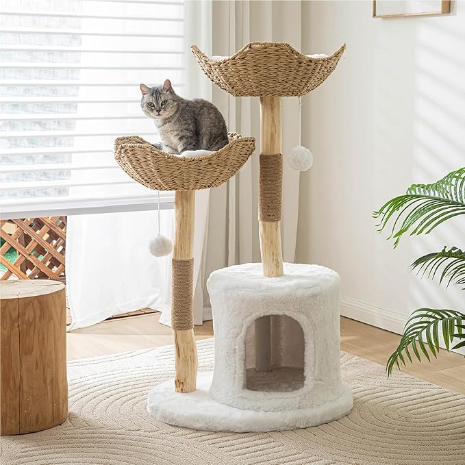 Modern Cat Tree for Indoor Cats Large Adult, 46" Tall Wooden Cat Tower for Large Cats with Scratching Post, Luxury Cat Condo, White