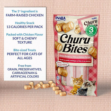 INABA Churu Bites for Cats, Soft/Chewy Baked Chicken Wrapped Churu Filled Cat Treats with Vitamin E, 0.35 Ounces per Tube, 18 Tubes Total (3 Tubes per Pack), Tuna with Scallop Recipe
