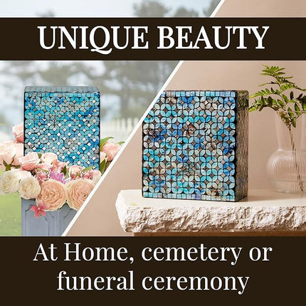 Blue Mosaic Cremation Urn - Hand Made Funeral Urn for Human Ashes - Large Adult Size Burial Urn - Hand Applied Individual Glass Tiles Create one of a Kind Work of Art - 200 cu in