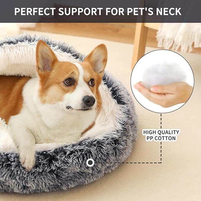 Dog Bed Round Hooded Plush Cat Cave Self Warming Pet Bed Donut Anti Anxiety Fluffy Pet Bed for Puppy and Kitty