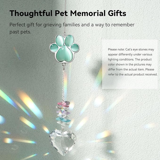 Pet Memorial Suncatcher - Loss of Dog Sympathy Gift, Pet Memorial Gifts for Dogs, Thoughtful Dogs and Cats Bereavement Remembrance Gifts, Gemstone Paw Crystal Suncatcher(Jade)