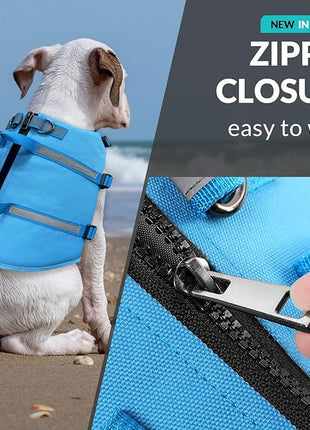 Queenmore XXL Dog Life Jacket - Floating Pet Life Vest, Adjustable Puppy Preserver for Swimming & Boating, Back Zip, Rescue Handle, Hook (Blue)