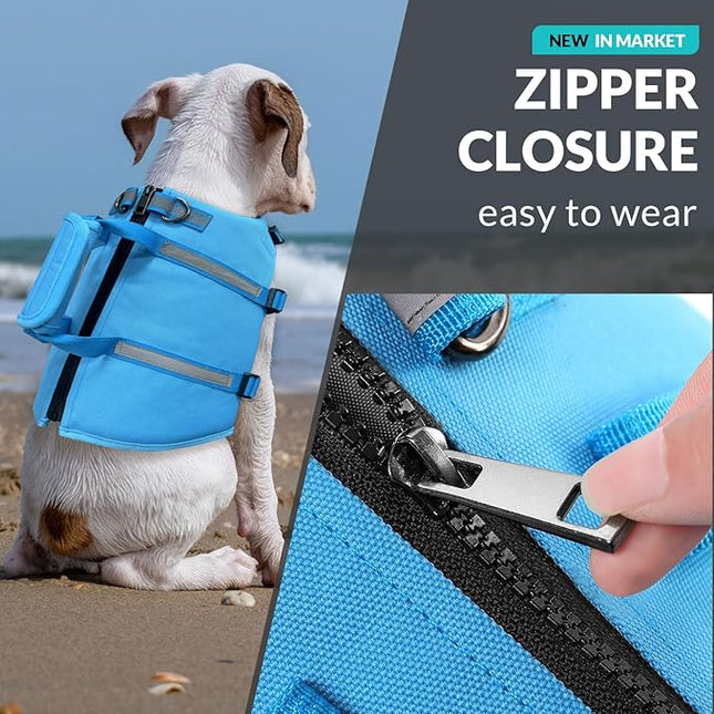Queenmore Small Dog Life Jacket, High Floating Pet Life Preserver for Swimming and Boating, Adjustable Dog Water Vest with Back Zip and Rescue Handle (Blue S)