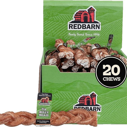 Redbarn 7" Braided Bully Sticks for Dogs. Natural, Highly Palatable, Long-Lasting Dental Chews Sourced from Free-Range, Grass-Fed Cattle (20 Sticks)