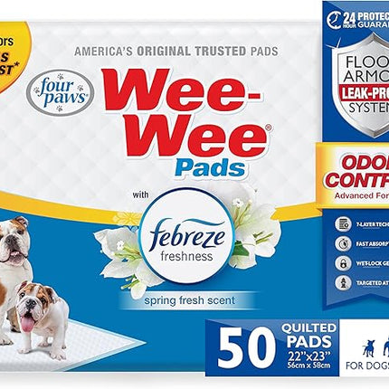 Four Paws Wee-Wee Odor Control with Febreze Freshness Pee Pads for Dogs & Puppies, Leak-Proof Dog Housebreaking Potty Training Floor Protection, Spring Fresh Scent, 22" x 23", 50 Count