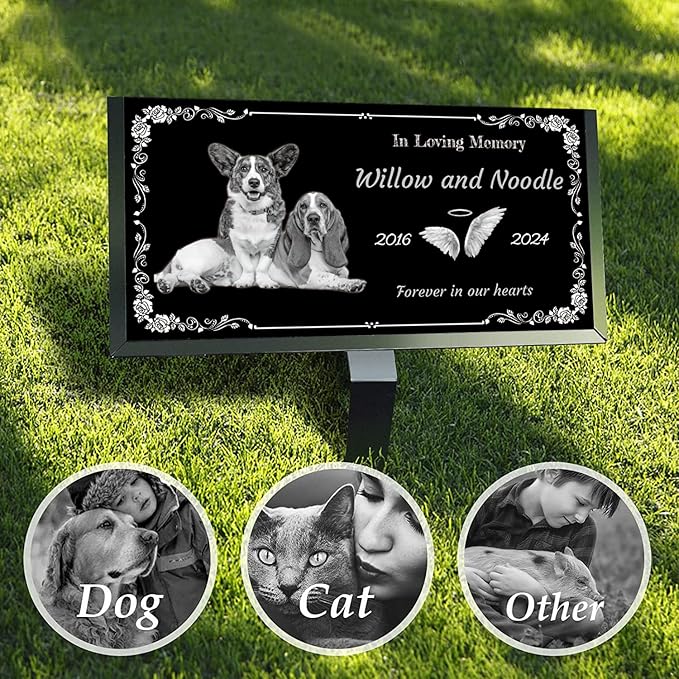 Personalized Pet Memorial Stones with Photos, Custom Engraved Black Granite Headstone, Gifts for Lost Pets