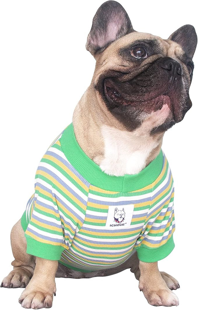 iChoue English Bulldog High Stretchy Breathable Summer Cooling T Shirts Vest Clothes for Medium Dogs Large French Frenchie Pug English Pitbull Boston Terrier Green Stripe - XXLarge