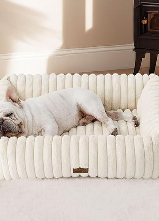 Bedsure Cute Dog Bed Medium Size Dog - Washable Furry Puppy Beds, Rectangle Orthopedic Corduroy Fleece Pet Beds with Removable Zipper Cover, 30x24x8inches, Cream