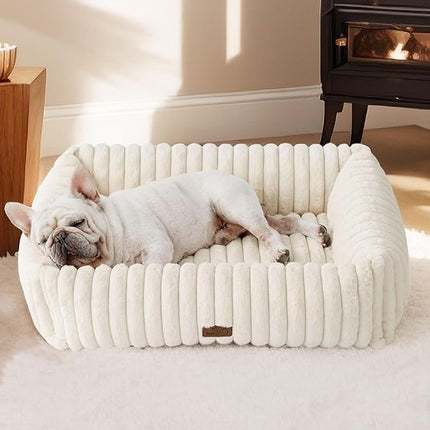 Bedsure Cute Dog Bed Medium Size Dog - Washable Furry Puppy Beds, Rectangle Orthopedic Corduroy Fleece Pet Beds with Removable Zipper Cover, 30x24x8inches, Cream