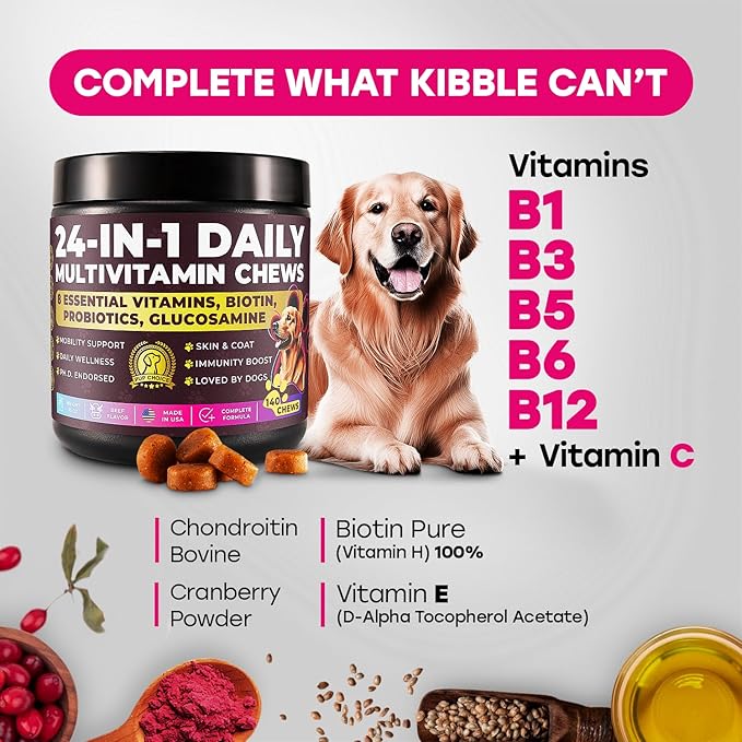 24-in-1 Complete Multivitamin Treats for Dogs - PhD Endorsed 8 Vitamins, Biotin, Probiotics, Glucosamine - Daily Wellness, Immunity, Skin & Coat, Mobility 140 Treats - Beef Flavor - Made in USA
