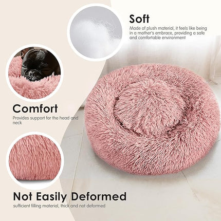 Hoewina Dog & Cat Bed, 20in Cat Beds for Indoor Cats, Calming Donut Bed for Puppy and Kitten, Washable Round Fluffy Pet Bed for Small Medium Dogs and Cats (Pink)