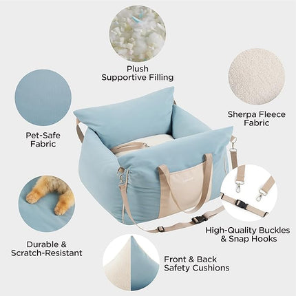 Lesure Small Dog Car Seat for Small Dogs - Soft Dog Booster Seat for Car with Storage Pocket and Clip-On Safety Leash and Thickened Memory Foam Filling, Pet Travel Carrier Bed, Light Blue