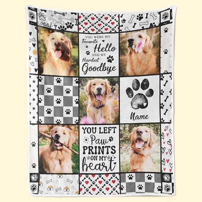 Personalized Photo Blanket, Custom Pet Memorial with Paw Print Design, Keepsake for Dog Loss, Gift for Dog Mom & Dad