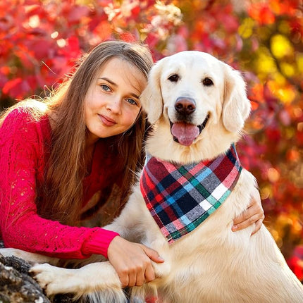 Honoson 6 Pieces Triangle Dog Bandana Dog Scarf Plaid Printing Adjustable Bibs Scarf Washable Square Kerchief Bandana Set for Small to Medium Puppy Cat(16.1 Inch,Green and Orange Button Style)