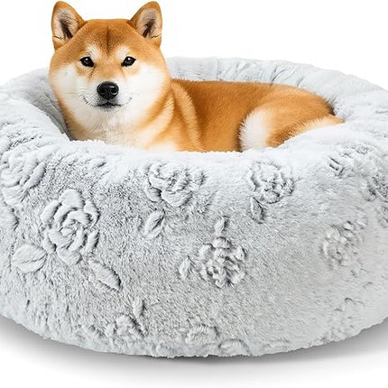 Dog Calming Beds for Small Medium Large Dogs - Round Donut Washable Puppy Dog Bed, Anti-Slip Faux Fur Fluffy Donut Cuddle Anxiety Cat Pet Bed (28" Rose)