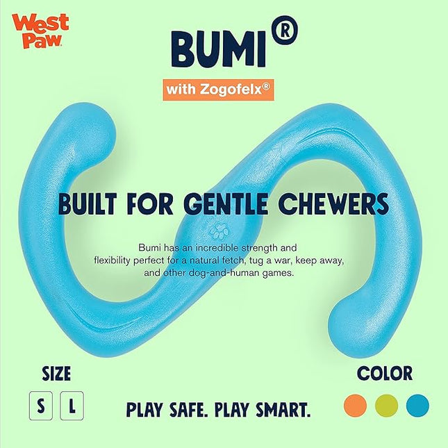 WEST PAW Zogoflex Bumi Dog Tug Toy – S-Shaped, Lightweight Chew Toys for Fetch, Play, Pet Exercise – Tug of War Soft Flinging Squishy Chewy Toy for Dogs – Guaranteed, Latex-Free, Small 8", Aqua Blue