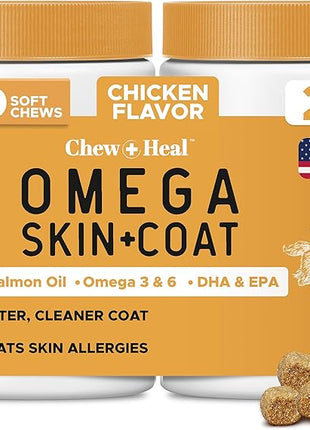 Omega 3 Fish Oil for Dogs -360 Soft Chew Omega Treats for Skin and Coat -Salmon Oil Blend of Essential Fatty Acids, Vitamins, Antioxidants, Minerals -Made in USA (2 Packs of 180, Chicken Flavor)