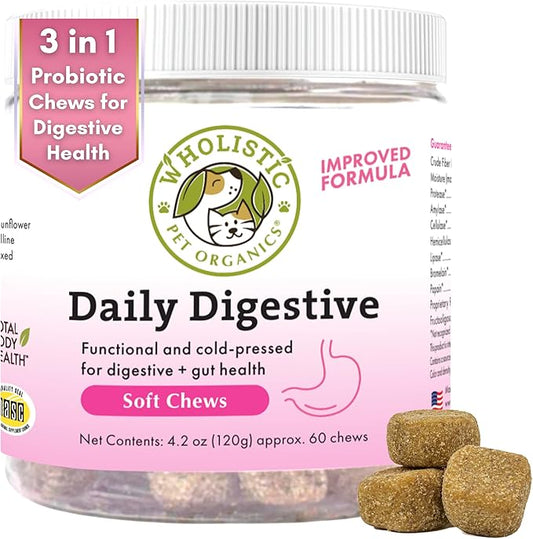 Wholistic Pet Organics: Probiotic Chews for Dogs Digestive Health - 60 Count - Dog Probiotics and Digestive Enzymes - Support Gut Health Immune Supplement Prevents Dog Digestive Problems