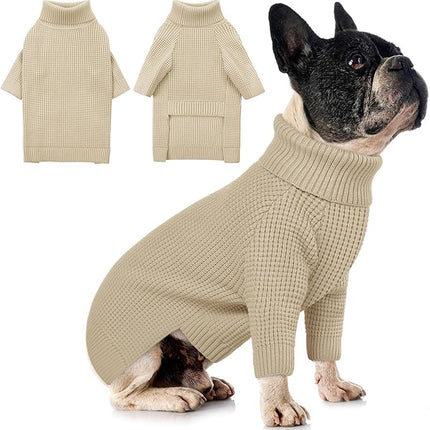 Queenmore Small Dog Sweater, Long Sleeve KnitSweater with Check Pattern, Warm Plaid Doggie Sweaters for Small Medium Dogs, Solid Pull-on Cat Knitwear, Apricot S