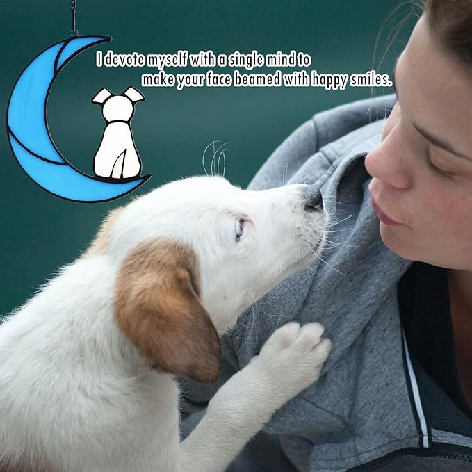 Stained Glass Pet Dog Memorial Gifts for Dog Lovers, White Dog Decor on Blue Moon Window Hangings Suncatcher, Loss of Dog Sympathy Gift, Pet Loss Remembrance Gifts