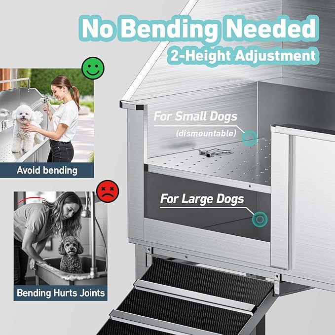 Dog Washing Station,56" Professional Stainless Steel Dog Bathing Station for Large Dog Height Adjustable Dog Wash Station for Home Dog Grooming Tub with Drawer, Floor Grate & Fauct (L-Ramp)