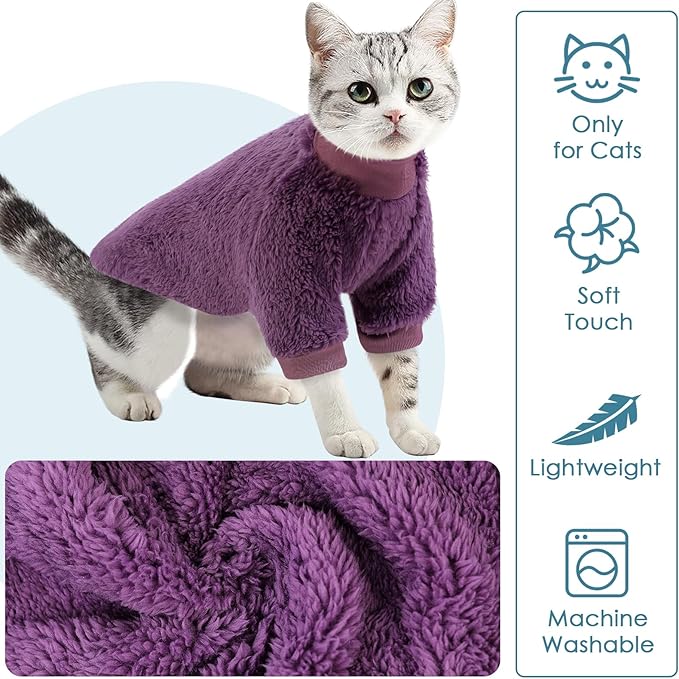 SUNFURA Sphynx Cat Sweater, Hairless Cats Turtleneck Pullover Kitten Sweaters for Cats Only, Warm and Soft Cat Pajamas Shirt with Sleeves Pet Winter Clothes Fleece Jumpsuit for Puppy, Purple S