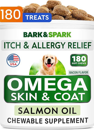 Omega 3 for Dogs and Cats - 180 Fish Oil Treats for Dog Shedding, Skin Allergy, Itch Relief, Hot Spots Treatment - Joint Health - Skin and Coat Supplement - EPA & DHA Fatty Acids - Salmon Oil - Bacon