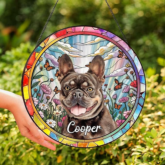 Custom Dog Portrait Stained Glass Window Hangings, Pet Stained Glass Suncatcher, Loss of Dog Sympathy Gift Personalized, Custom Name Dog Memorial Gifts
