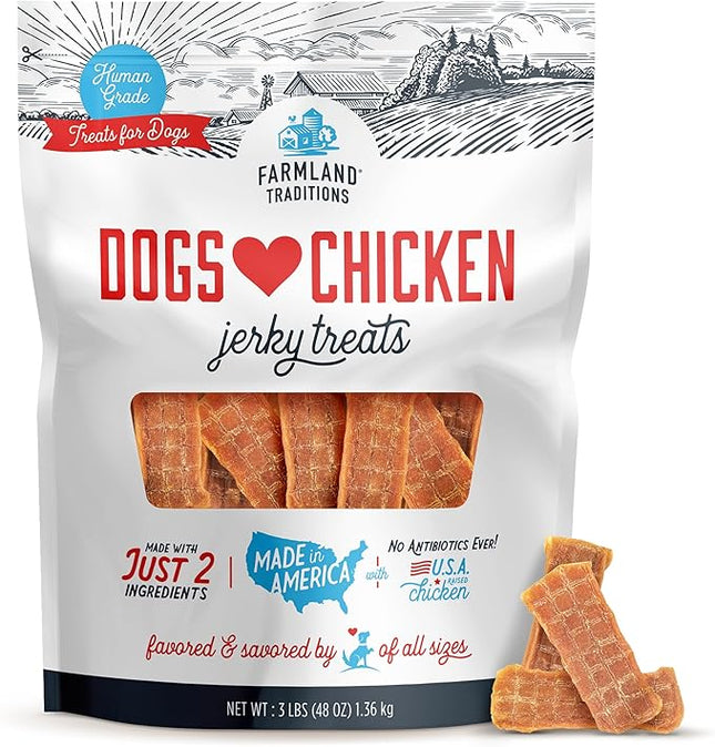 Farmland Traditions Dogs Love Chicken Jerky Dog Treats, Premium Two-Ingredient Dog Jerky with USA-Raised, Human-Grade Chicken & No Antibiotics Ever, 3 Pound (Pack of 1) Bag.