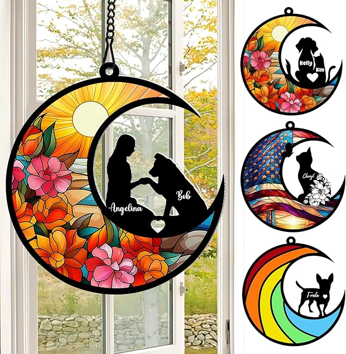 xrlsg Personalized Dog Memorial Suncatcher Custom Name Dog Breeds with People Suncatcher Ornament Loss of Dog Sympathy Gift for Dog Lover-5"