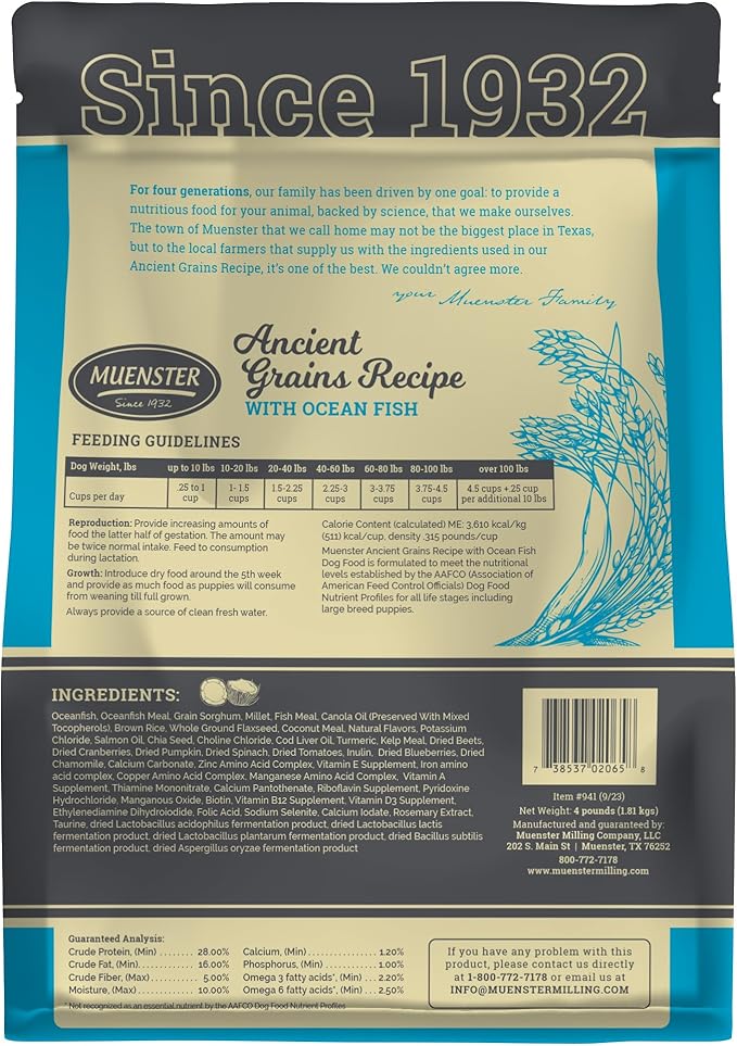 Muenster Ancient Grains Ocean Fish Dry Dog Food, 4lb - Gluten-Free, High Protein, Digestive Support