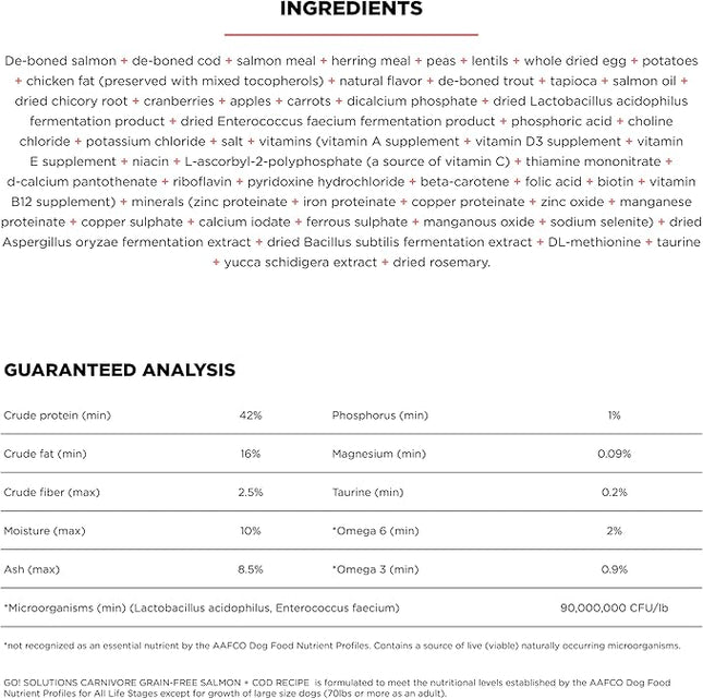 Go! Solutions Carnivore Salmon + Cod Grain-Free Dry Cat Food, Our Highest-Protein Kibble Made with Real Meat & Fish, Chicken-Free Recipe, for Kittens, Adults & Seniors, 3 lb Bag