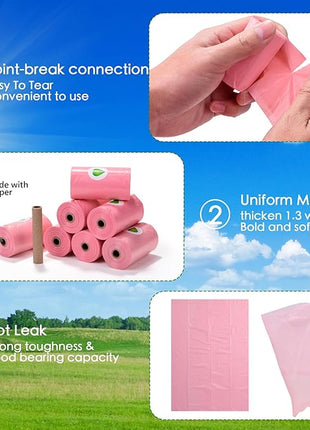 Biodegradable Pink Dog Poo Bags Lavender scent with Dispenser - 300 Large Poop Bags, Extra Thicken Strong Corn Starch Blended Compostable Leak Proof Poop Waste Bag for Dogs